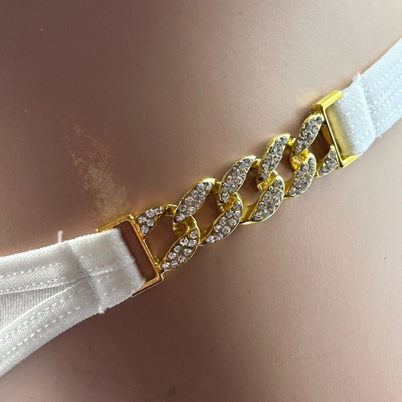 IZA‎ Panty Gold Chain Crystal Embellished Stretch Cotton Bikini Cut White Thong - Picture 7 of 14